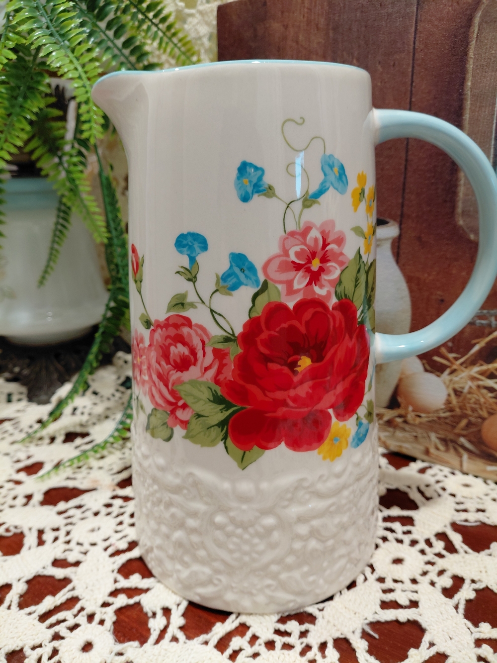 The Pioneer Woman White Ceramic Floral Pitcher with Red, Blue & Pink Accents